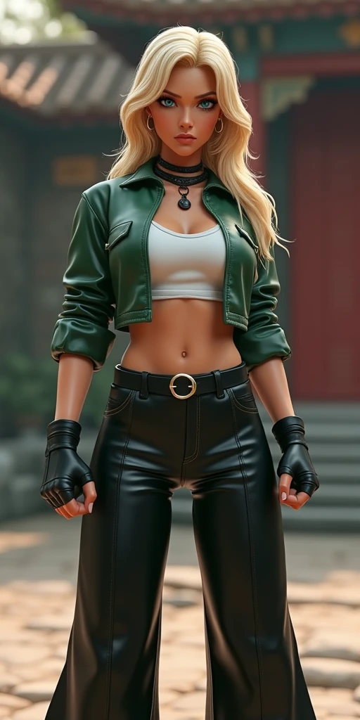 rogue from x men evolution with a brown short rogue hair, big gray eyes, very small breasts, cotton cream top WITH NECKLINE and open green cotton tunic jacket on top, fish net tights, black skirt, black gloves, covered navel, cropped legs, cotton, front view!, white background, realistic colors, front view, light coming from the right, 8K image quality, Masterpiece