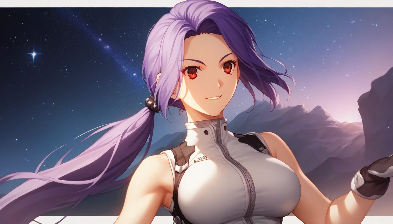  score_9,  score_8_up,  score_7_up, One Girl,smile, Hirokazu Koyama ,sexy, pixel perfect,Large Breasts,  anatomically correct,  masterpiece,Very sophisticated ,8k,(Fits the body,Rider Suit, sleeveless,),, Red eyes, ( Long Hair,  Purple Hair, Center-parted bangs, Low Ponytail, ), standing,クローズup,Starry sky background,solo, 