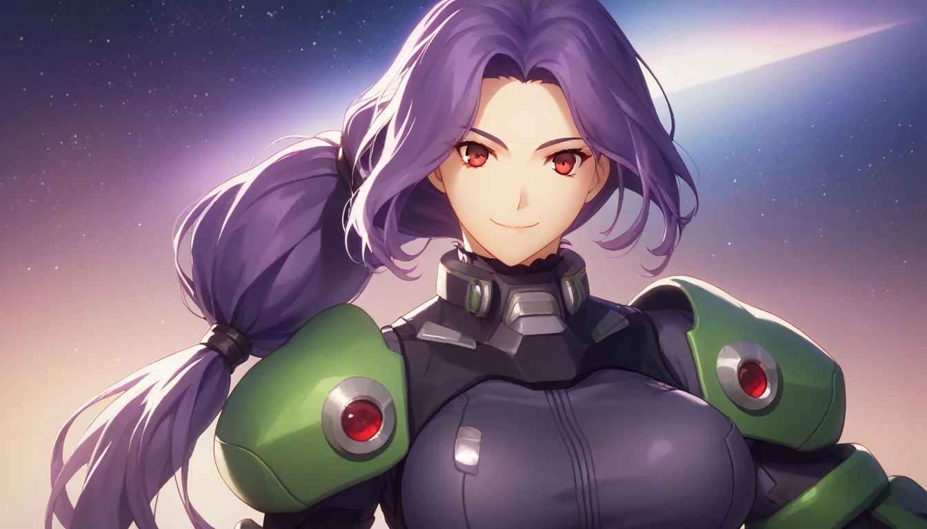  score_9,  score_8_up,  score_7_up, One Girl,smile, Hirokazu Koyama ,sexy, pixel perfect,Large Breasts,  anatomically correct,  masterpiece,Very sophisticated ,8k,(Fits the body,Rider Suit, sleeveless,),, Red eyes, ( Long Hair,  Purple Hair, Center-parted bangs, Low Ponytail, ), standing,クローズup,Starry sky background,solo, 