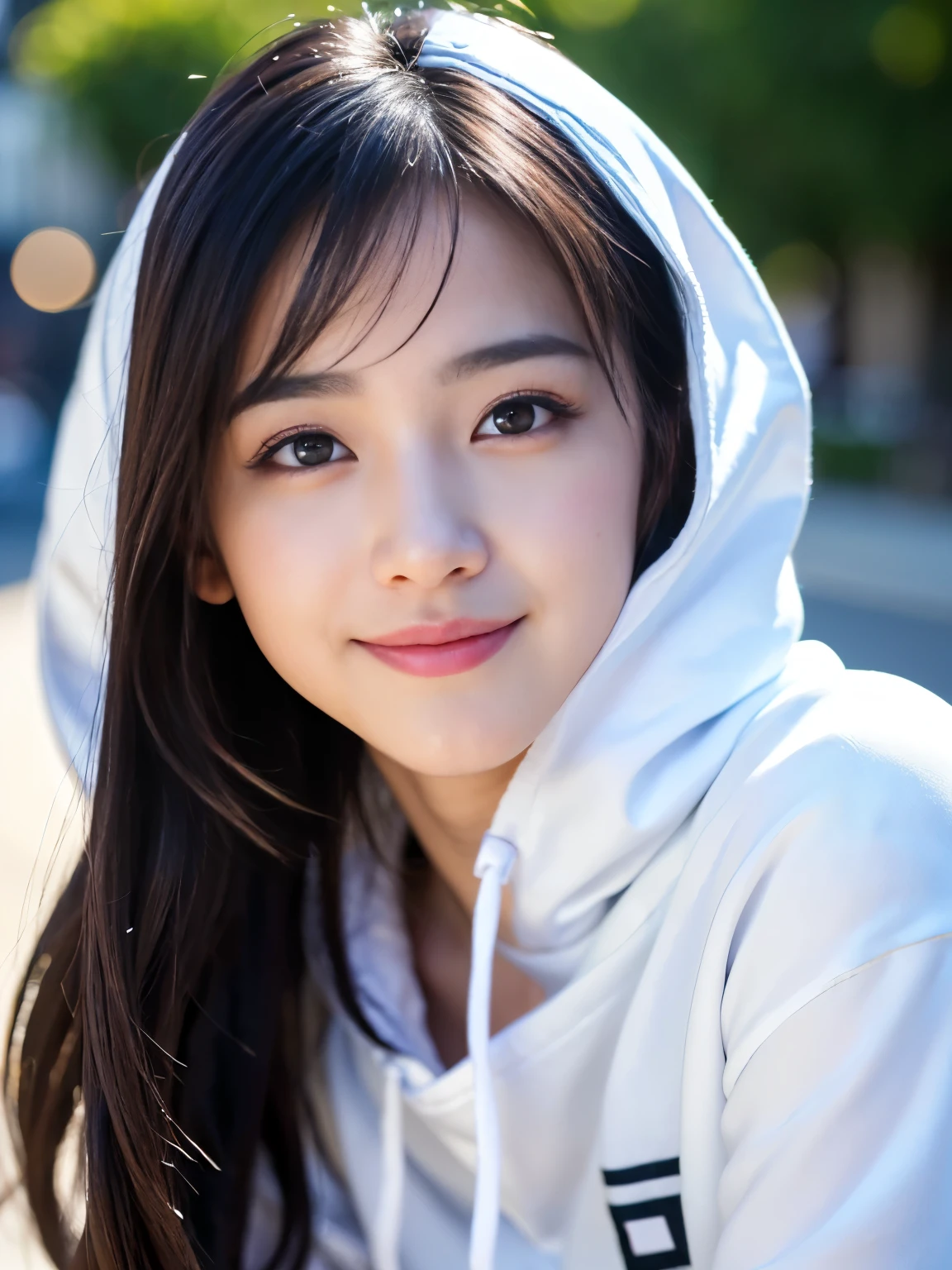 8K, Ultra-high resolution, highest quality, masterpiece, Surreal, photograph, 1 girl, (:1.3), cute girl, cute face, Beautiful eyes in every detail,Perfect female body, tight, Famous Japanese Idols, 20-year-old girl, Messy Hair, Black Hair, hoodie, Happiness like a goddess,cute,Japanese,Black Hairのショートヘア,The best smile,Low position,Low - Angle,Blur the background,Natural light , (((whole body)))、super cute super model、Please look closely at the camera 、Vivid details、detailed、Surreal、Light and shadow,Strong light,Fashion magazine cover,Thin lips