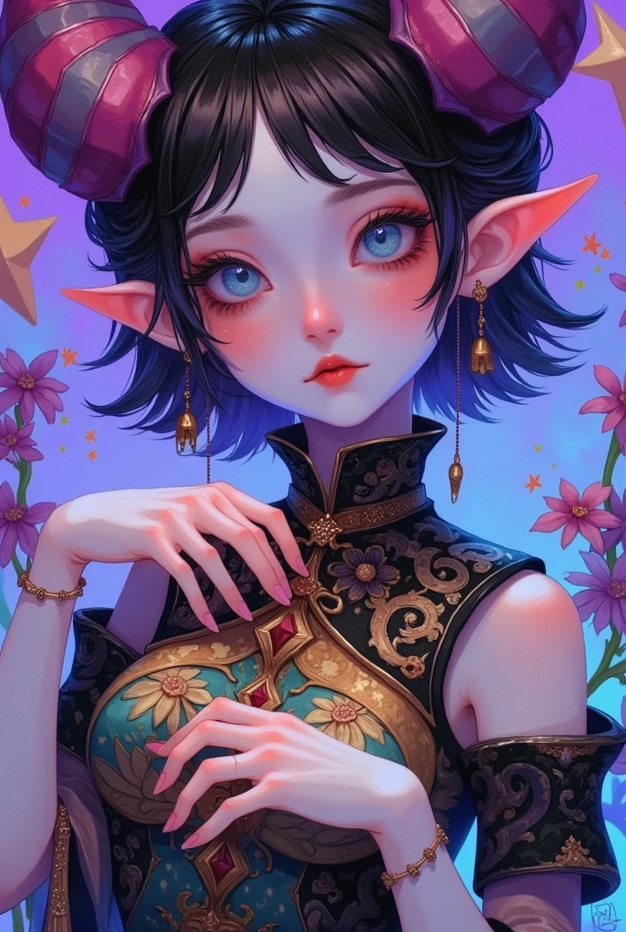 by alex paul han, in the style of colorful fantasy, kawacy, denis sarazhin, light purple and azure, chen zhen, exaggerated nobility, close up