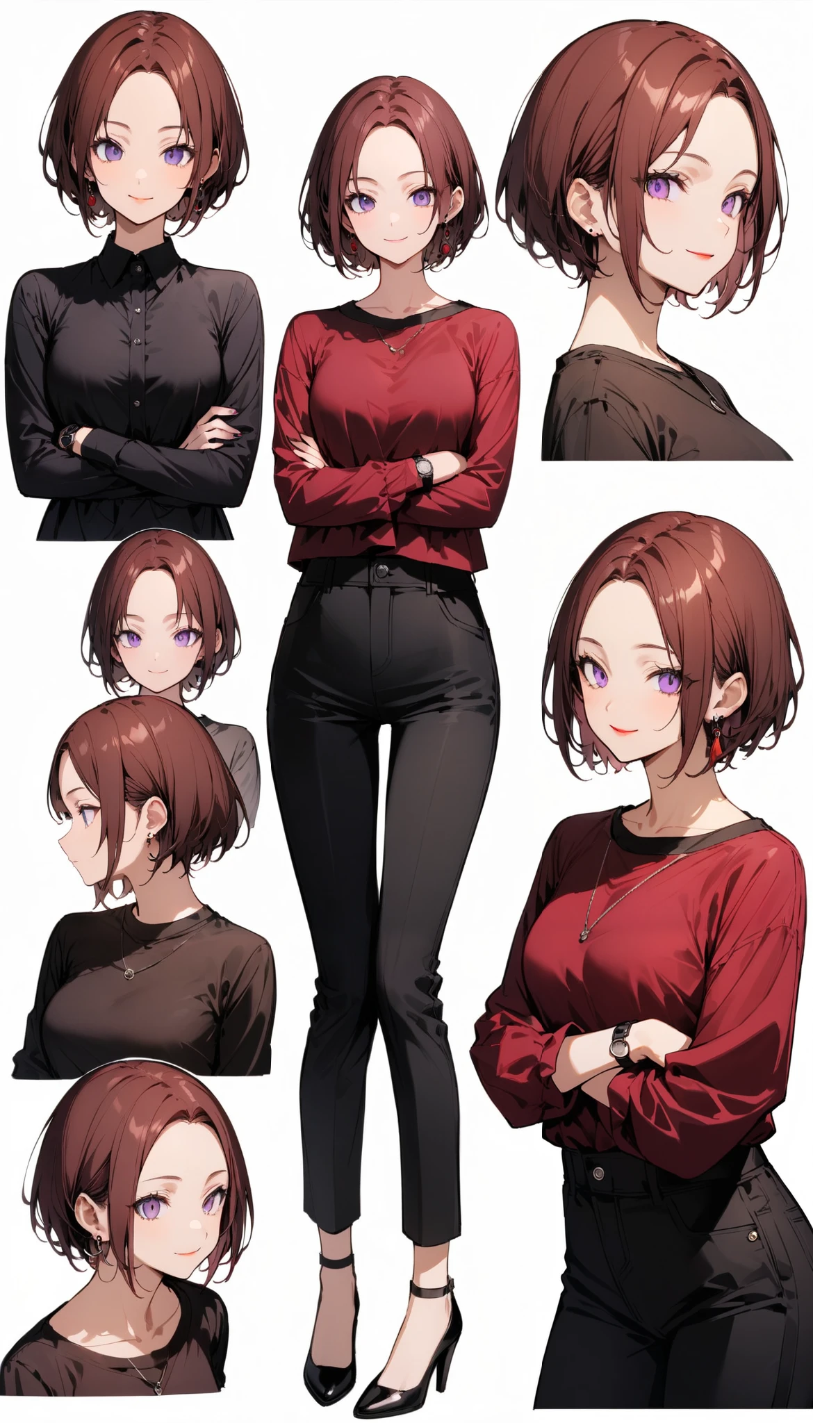 {{masterpiece}},((White background)),((from front、full body)) , portrait、 cowboy shots、 Attention to Details 、1 adult female、medium breasts、 perfect proportions、Reddish brown hair、pixie cut、Purple Eyes、forehead, parted bangs、Cheerful smile、 closed mouth 、deep red blouse、Black skinny pants、watch、Standing in black high heels、crossed arms、lipstick、Small earrings、Photograph from the front、Photograph the whole body、Contemporary Fashion