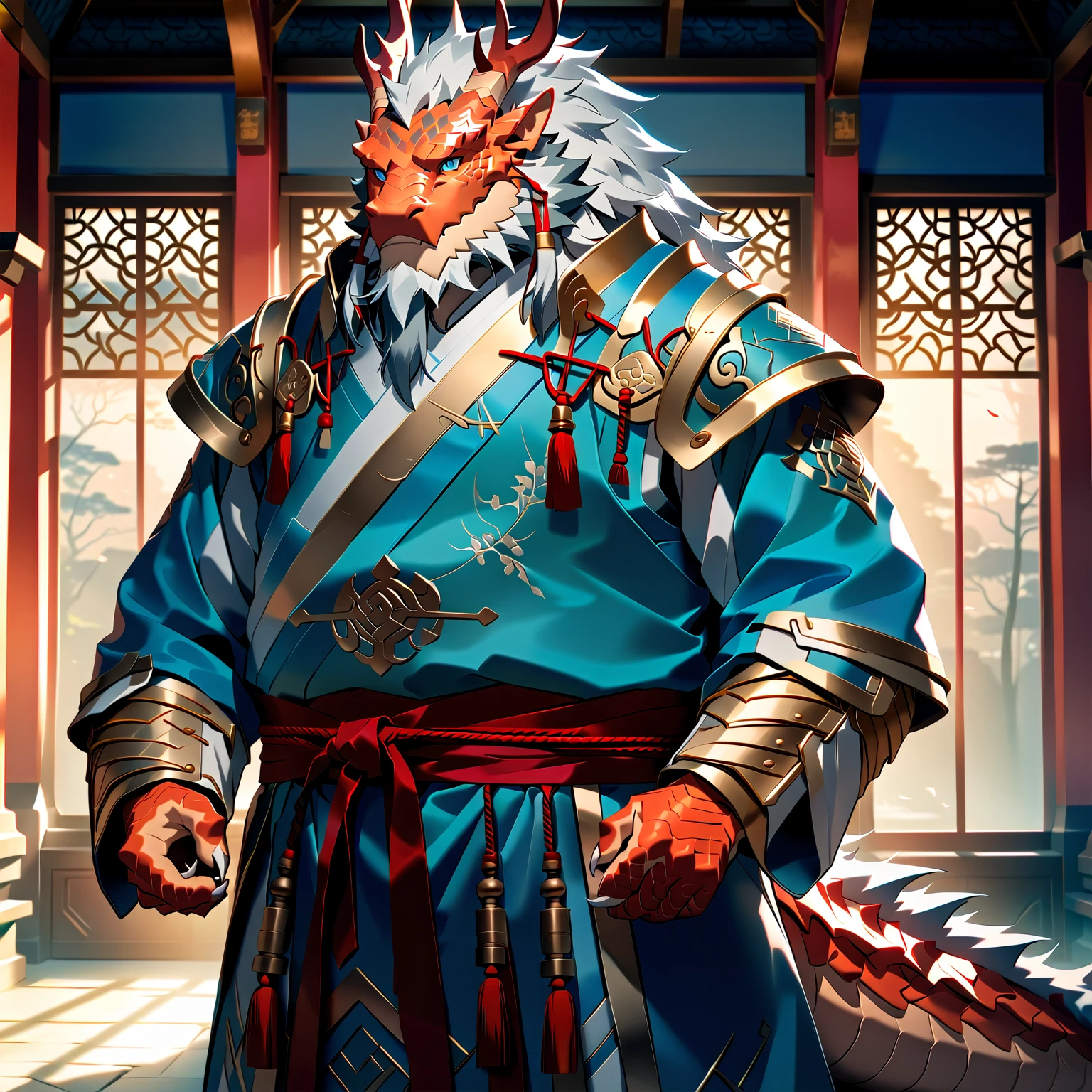 ### Personagens Principais & identity
(:1.4), ( Oriental Dragon Furry :1.3), Strong male, Mature Dragon , doll, masterpiece,  is of the best quality, (Front view:1.2), Full body portrait, Professional lighting, alone, 1 boy

###  physical characteristics
broad chest , Thick Arms,  Strong Thighs , Clear abdominal muscles, ( Dignity Pose :1.2), ( General's Temperament :1.2)

###  Dragon Characteristics 
( Blue Eyes :1.2), ( antlers:1.2),  Long Beard , (Red scales:1.8),  White Chest Scales , (gray mane :1.2), Dragon Tail,  detailed scale texture , Dragon Claw

### armor & clothing
( Oriental General Armor :1.3),  heavy shoulder armor ,  Red Gold Decorative Breastplate , Metal Armguards ,  Waist Armor , Metal combat skirt

###  simple background
An ordinary stone wall(1.4),  Simple Floor ,  natural light, Simple environment

###  Quality Requirements
Ultra high resolution ,  Perfect Lighting , Professional Photography