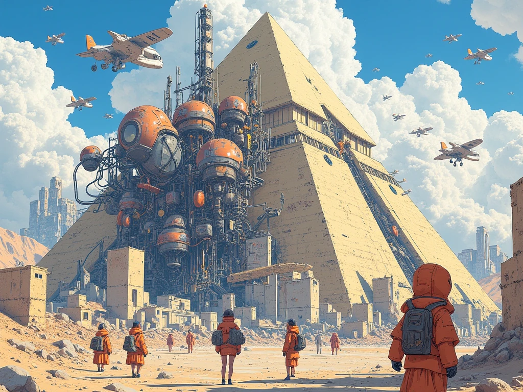  There are many people standing in front of a pyramid under construction with airplanes flying overhead, Alien leader 、Krzysztof Boguszewskiによるマットペインティング ,   CG Society Contest Winners  , Afrofuturism,   ancient mega-structural pyramid  , Ancient futuristic ,  ancient yet futuristic , ,  depicted as a sci-fi scene , Egyptian Environment, The future of the desert,  giant Aztec space city 