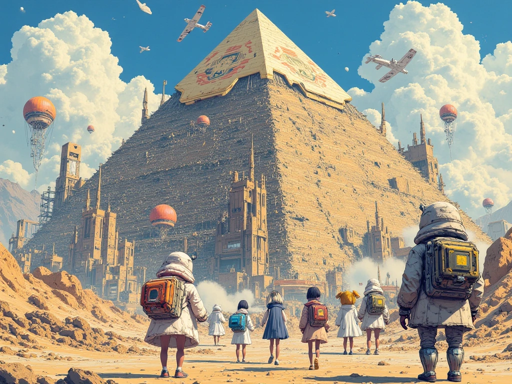  There are many people standing in front of a pyramid under construction with airplanes flying overhead, Alien leader 、Krzysztof Boguszewskiによるマットペインティング ,   CG Society Contest Winners  , Afrofuturism,   ancient mega-structural pyramid  , Ancient futuristic ,  ancient yet futuristic , ,  depicted as a sci-fi scene , Egyptian Environment, The future of the desert,  giant Aztec space city 