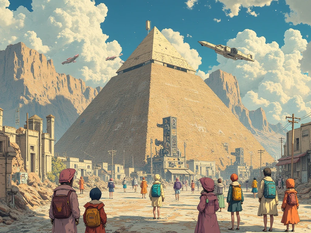  There are many people standing in front of a pyramid under construction with airplanes flying overhead, Alien leader 、Krzysztof Boguszewskiによるマットペインティング ,   CG Society Contest Winners  , Afrofuturism,   ancient mega-structural pyramid  , Ancient futuristic ,  ancient yet futuristic , ,  depicted as a sci-fi scene , Egyptian Environment, The future of the desert,  giant Aztec space city 