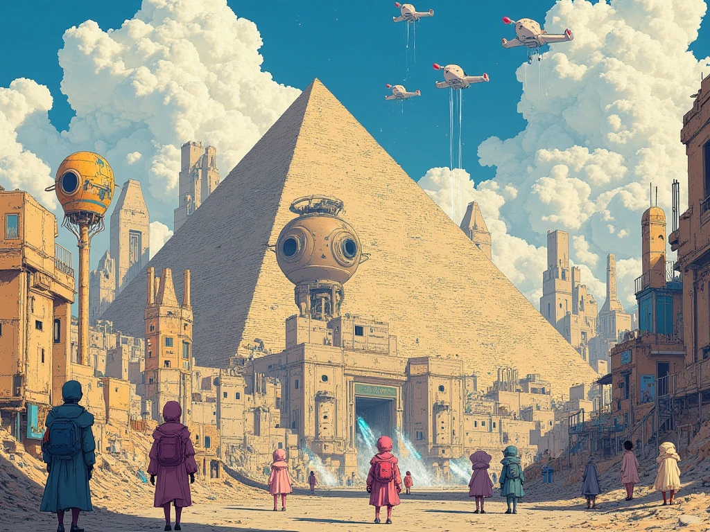  There are many people standing in front of a pyramid under construction with airplanes flying overhead, Alien leader 、Krzysztof Boguszewskiによるマットペインティング ,   CG Society Contest Winners  , Afrofuturism,   ancient mega-structural pyramid  , Ancient futuristic ,  ancient yet futuristic , ,  depicted as a sci-fi scene , Egyptian Environment, The future of the desert,  giant Aztec space city 