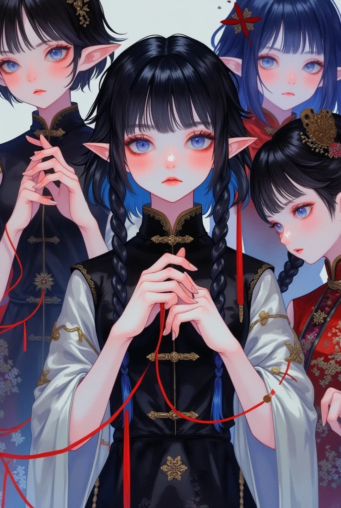 1girl,2girls,bangs,black dress,black eyes,black hair,blue eyes,blush,brown hair,chinese clothes,dress,elf,fingernails,grey background,hat,looking at viewer,multiple girls,pointy ears,scarf,short hair,short sleeves,string,string of fate