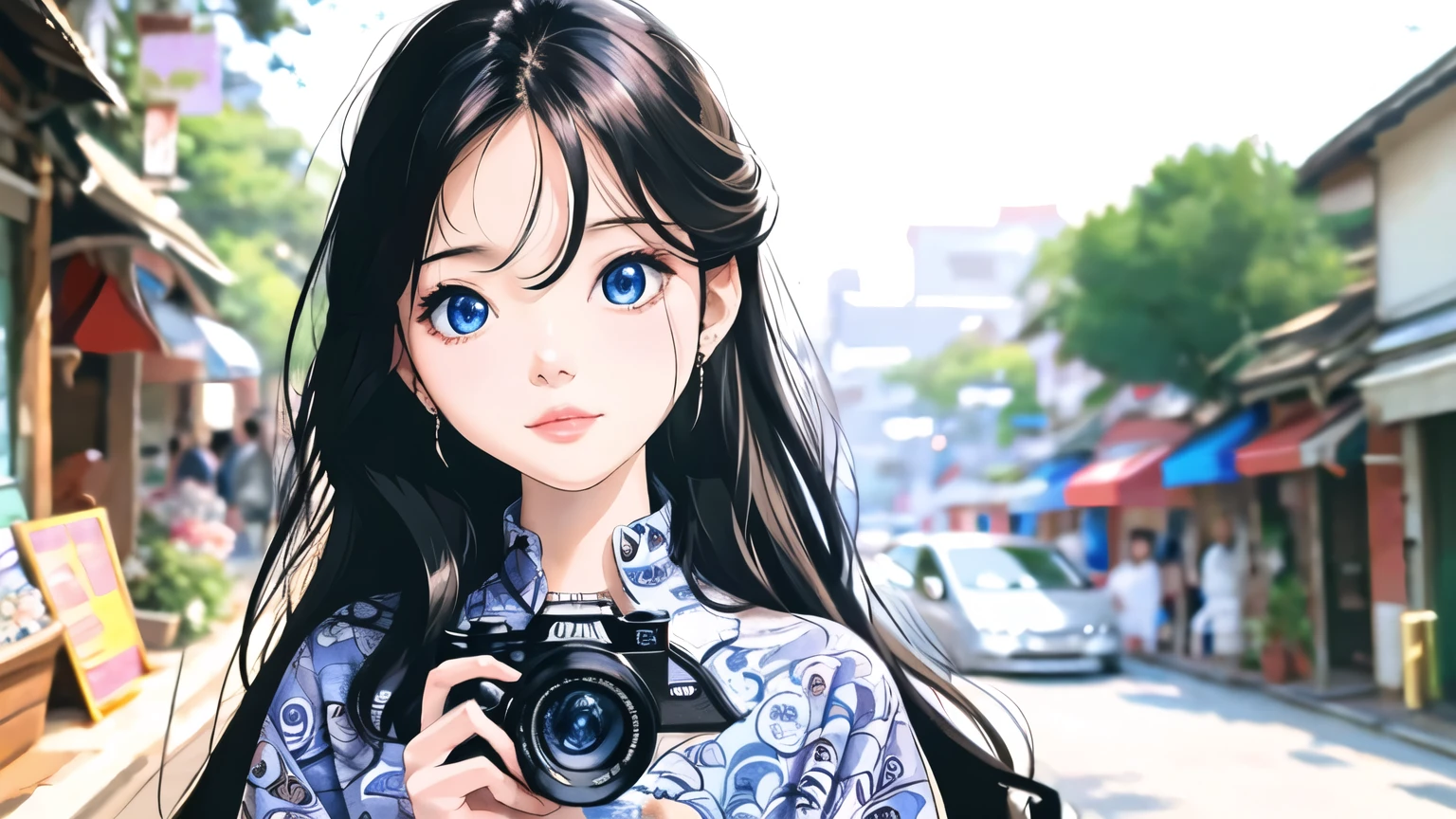 Chaoren , woman holding a camera 、 has a color chart on that side 、 has a color chart on the other side, 1 girl,Blur background,Blur, earrings for a woman alone, jewelry,Alone, black hair,Long Hair, in the style of ADX2 ,Realistic,lips,holding,地上car両, blue eyes,,car, depth of field, shirt, open lips,自動car,
 best quality,masterpiece, ultra high resolution,