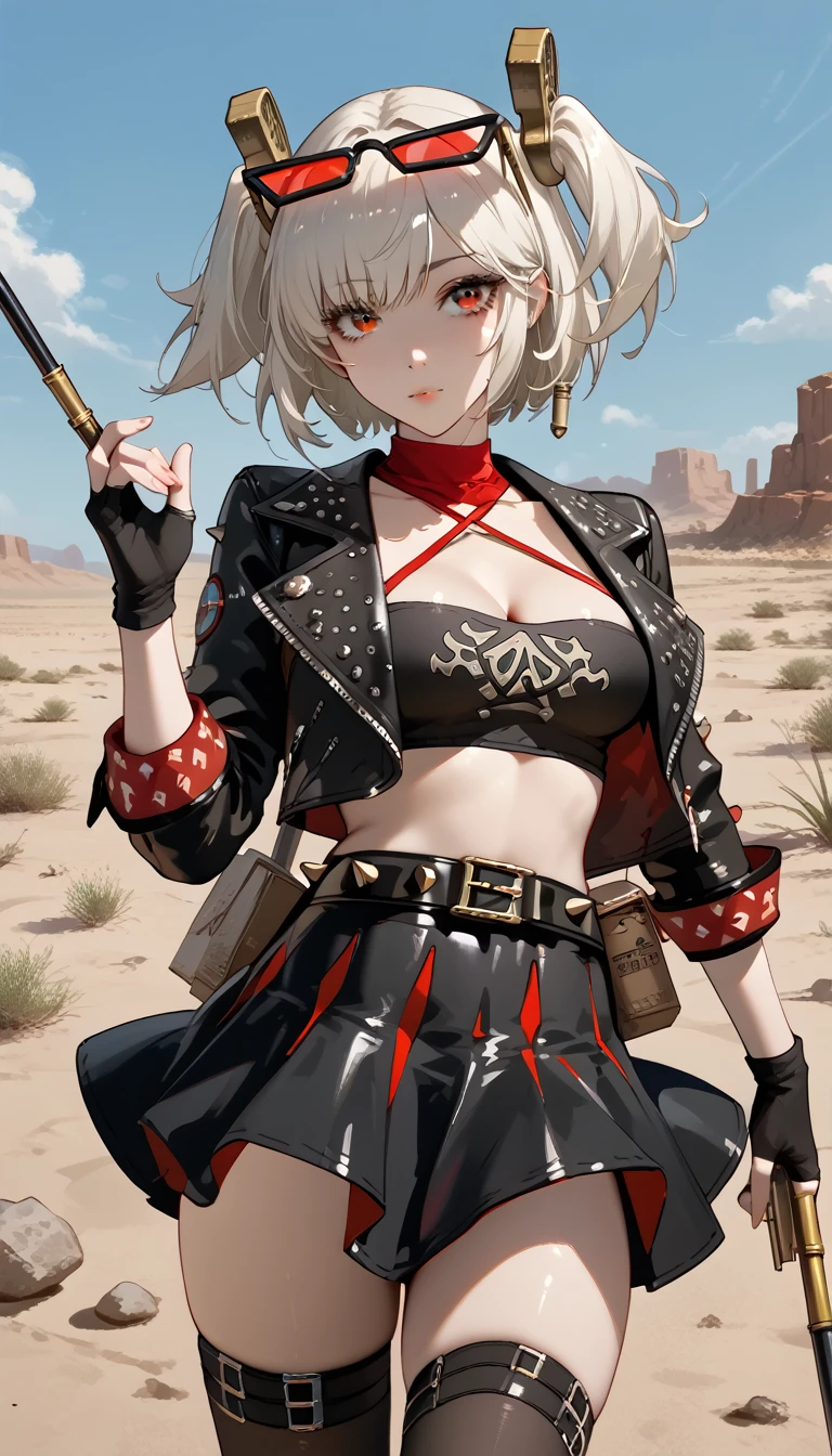  1girl,One,_ZZZ,  Short hair,  short double tails,   Hair ornament ,  sunglasses ,  on the head , very sexy, in the desert,  sexy pose ,  ulybka,  correct anatomy 1 .1., detailed hands, fingers in detail, face in detail,  beautiful slender legs, mini skirt,  leans forward , wasteland,  The view from above ,
White,  Short hair,  short double tails,   Hair ornament  ,  sunglasses ,  on the head  ,  red halterneck , black top pipe ,  short top ,  CLEAVAGE ,  life , black jacket,  fingerless gloves , studded belt , black skirt,  red hip straps, black stockings,score_9, score_8_up, score_7_up, score_6_up, score_5_up, score_4_up,