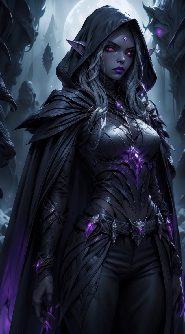 Drow, female, pointed ears, long hair, wearing a hooded cape and a belt, gray skin, red eyes, and a mysterious expression while looking at the spectator. Her outfit is a dark, intricately detailed costume with purple tones, evoking elegance and danger. The background is an underground cavern with glowing purple crystals and deep shadows, creating a mystical and ominous atmosphere. Bright glowing eyes, fine lipstick details, and a focus on perfect anatomy create a striking image. Rendered in the highest quality, inspired by art trends on ArtStation and Greg Rutkowski's style, featuring ultra-detailed textures and a moody, fantastical vibe.