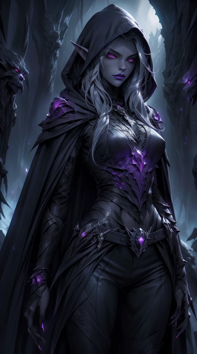 Drow, female, pointed ears, long hair, wearing a hooded cape and a belt, gray skin, red eyes, and a mysterious expression while looking at the spectator. Her outfit is a dark, intricately detailed costume with purple tones, evoking elegance and danger. The background is an underground cavern with glowing purple crystals and deep shadows, creating a mystical and ominous atmosphere. Bright glowing eyes, fine lipstick details, and a focus on perfect anatomy create a striking image. Rendered in the highest quality, inspired by art trends on ArtStation and Greg Rutkowski's style, featuring ultra-detailed textures and a moody, fantastical vibe.