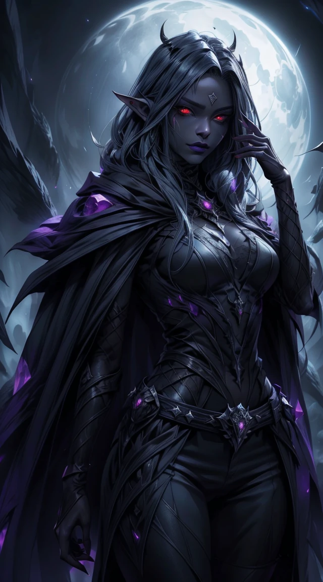 Drow, female, pointed ears, long hair, wearing a hooded cape and a belt, gray skin, red eyes, and a mysterious expression while looking at the spectator. Her outfit is a dark, intricately detailed costume with purple tones, evoking elegance and danger. The background is an underground cavern with glowing purple crystals and deep shadows, creating a mystical and ominous atmosphere. Bright glowing eyes, fine lipstick details, and a focus on perfect anatomy create a striking image. Rendered in the highest quality, inspired by art trends on ArtStation and Greg Rutkowski's style, featuring ultra-detailed textures and a moody, fantastical vibe.