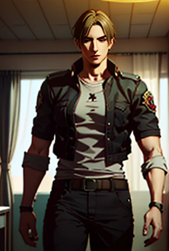 (Highly detailed CG), ( best quality), (Highly detailed CG), ( best quality), (Leon S. Kennedy), SWAT Clothing, Beautiful and attractive young man, Lean and muscular