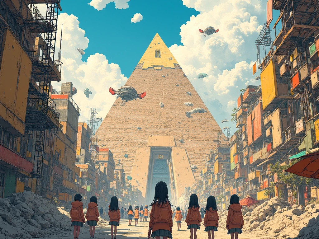  There are many people standing in front of a pyramid under construction with airplanes flying overhead, Alien leader 、Krzysztof Boguszewskiによるマットペインティング ,   CG Society Contest Winners  , Afrofuturism,   ancient mega-structural pyramid  , Ancient futuristic ,  ancient yet futuristic , ,  depicted as a sci-fi scene , Egyptian Environment, The future of the desert,  giant Aztec space city 