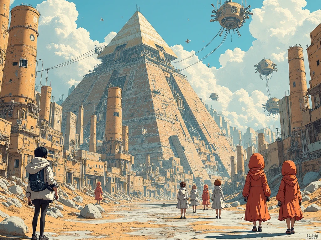  There are many people standing in front of a pyramid under construction with airplanes flying overhead, Alien leader 、Krzysztof Boguszewskiによるマットペインティング ,   CG Society Contest Winners  , Afrofuturism,   ancient mega-structural pyramid  , Ancient futuristic ,  ancient yet futuristic , ,  depicted as a sci-fi scene , Egyptian Environment, The future of the desert,  giant Aztec space city 