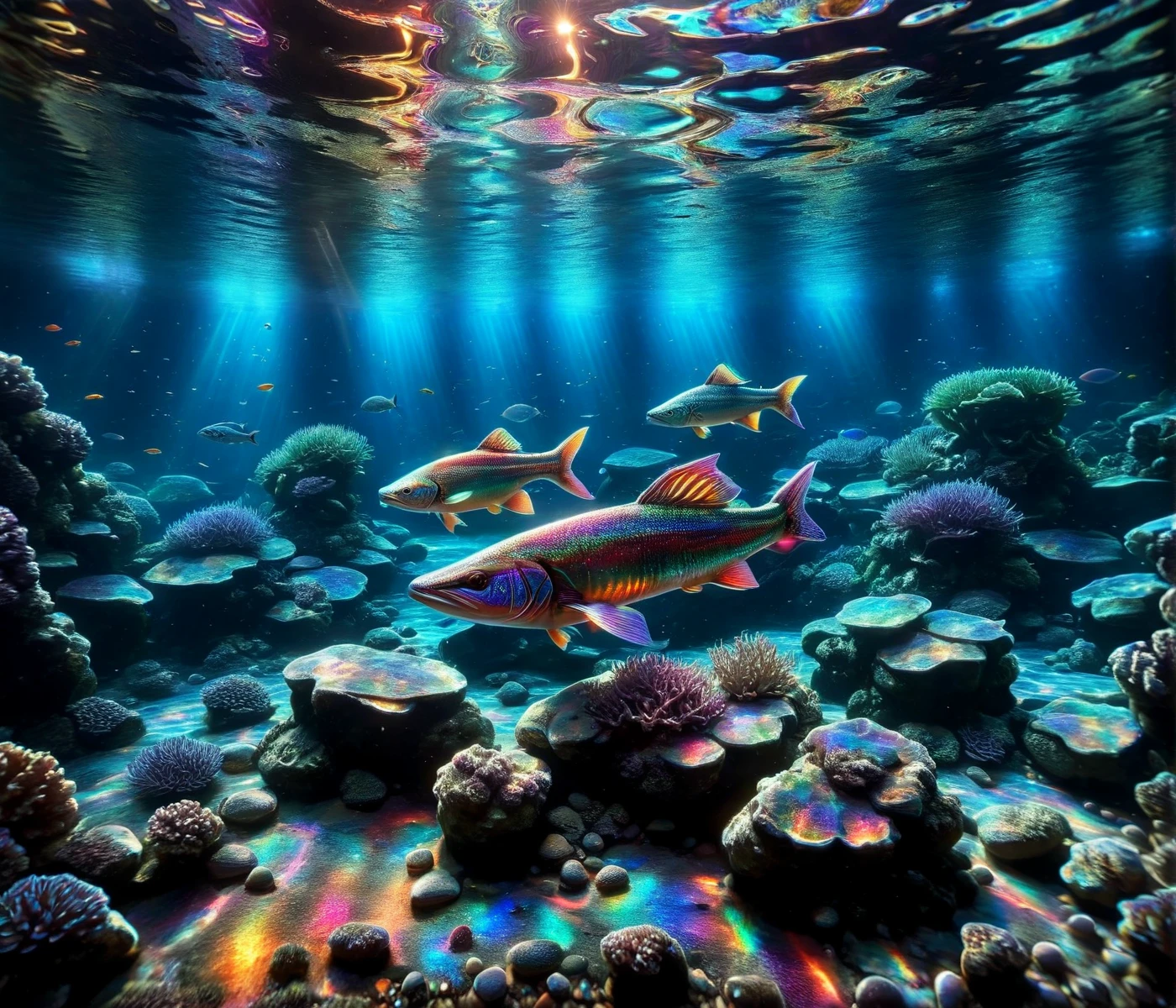 ais-rdscnt, aquarium, many colored fish,  a pike in the foreground, light beam, stones, water plants, corals, 