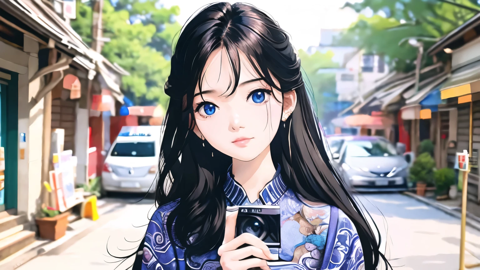 Chaoren , woman holding a camera 、 has a color chart on that side 、 has a color chart on the other side, 1 girl,Blur background,Blur, earrings for a woman alone, jewelry,Alone, black hair,Long Hair, in the style of ADX2 ,Realistic,lips,holding,地上car両, blue eyes,,car, depth of field, shirt, open lips,自動car,
 best quality,masterpiece, ultra high resolution,