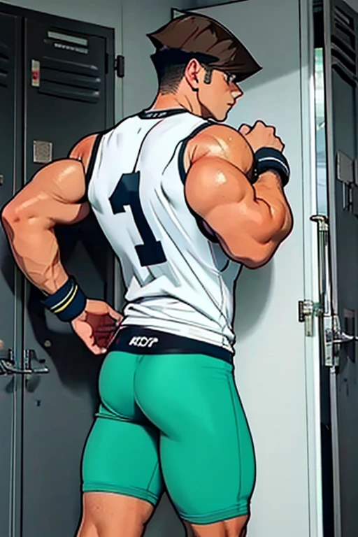 Seto Kaiba from Yu-Gi-Oh, bodybuilder, sweaty, defined body, big legs, locker room, leaning against the lockers, wearing football uniform, vapid stare, sweaty body, big bulging crotch, shoulder pads, football jersey, football cleats, football pants, hypnotized blank stare, open mouth, hyper muscles, hyper swollen crotch bulge, bro, dumber, IQ drain, meathead, musclehead, dumb jock, brainwashed, flexing, hyper crotch bulge, big biceps, big triceps, big traps. broad shoulders, big meaty pecs, big thighs, thick glutes, bubble butt, hyper muscles, football team assimilation, brainwashed, brainwashing, glowing eyes, bro, mindless, brute, "I am a big dumb jock boy.... I am a big dumb jock boy.... I am a big dumb jock boy.... Make more jocks.... Join the team.... You'll be a big dumb jock boy.... Obey, be a good dumb jock boy.... Grow to a big dumb jock boy....  Become just a big dumb jock boy.... No more than a big dumb jock boy.... Give up. Give in. Transform. Enjoy the fate of a big dumb jock boy. Like me, you're a big dumb jock boy.... I am a big dumb jock boy.... Just be a big dumb jock boy.... Must be a big dumb jock boy.... No more than a big dumb jock boy...."