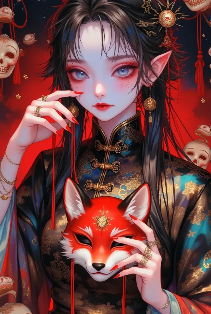 1girl,blood,blue eyes,blush,brown hair,chinese clothes,eyelashes,fingernails,fox mask,holding mask,jewelry,lips,long hair,long sleeves,looking at viewer,makeup,mask,mask on head,mask removed,red background,ribbon,shirt,solo,star \(symbol\),star hair ornament,star print,starry background,string,string of fate,tassel,untied,upper body