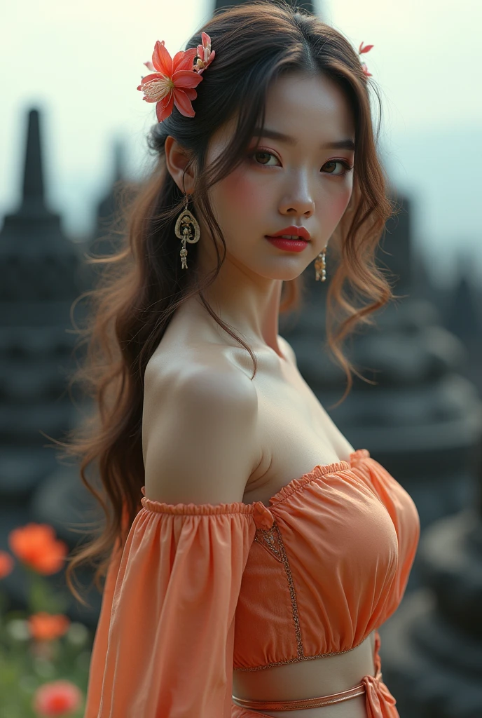 8k portrait of a beautiful brown-haired cyborg, ((Borobudur temple background)), photography, portrait of a beautiful_girl wearing a Balinese kebaya, skirt that is split above the , showing her , slightly visible large round , open , red lipstick, detail, flowers, background back blur, soft focus, (masterpiece, side lighting, subtle beautiful eye details: 1.2) , hdr