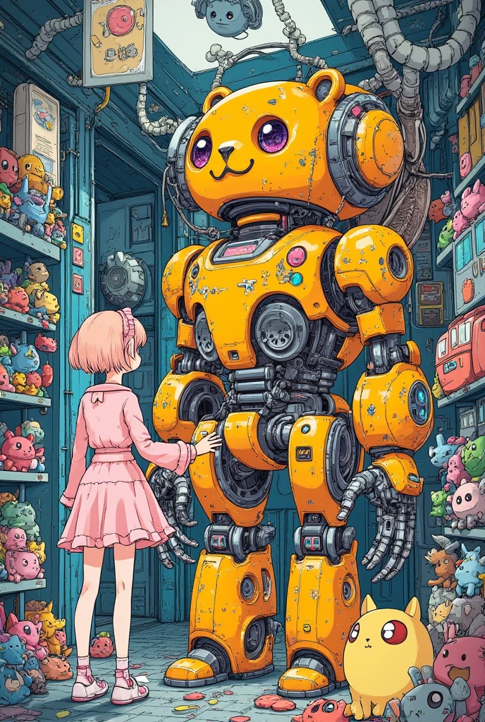  is a large, broken bear robot without one arm in a room full of toys、The  standing in front of him holding his arms 、 the  is holding the robot's arm 、 concept art by Android Jones,  Artstation contest winner ,   conceptual art  ,  there is only one robot  on the ground ,  robot monster in the background , Aesthetics of Anime Mecha, Mecha Art, Mechanical Aesthetics,  Glamorous Clothes  , Bastion game ,  indie game concept art ,  Video Game Concept Art 、 very detailed ,  Ultra High Definition, 