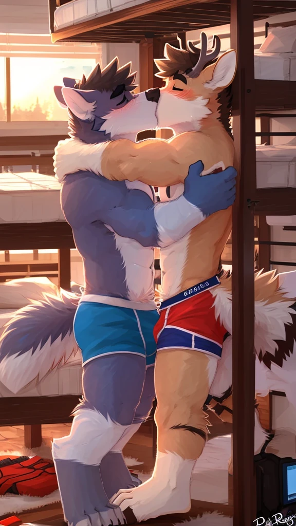  hairy, male on male , ((of the males)), Deer and Wolf, (gay), ((Only underwear)), bulto, nipples, (((kissing),touching each other, ( shy expression), ( happy expression ), bottom, (detailed bottom), bedroom, bunk beds , desktop, por pache riggs