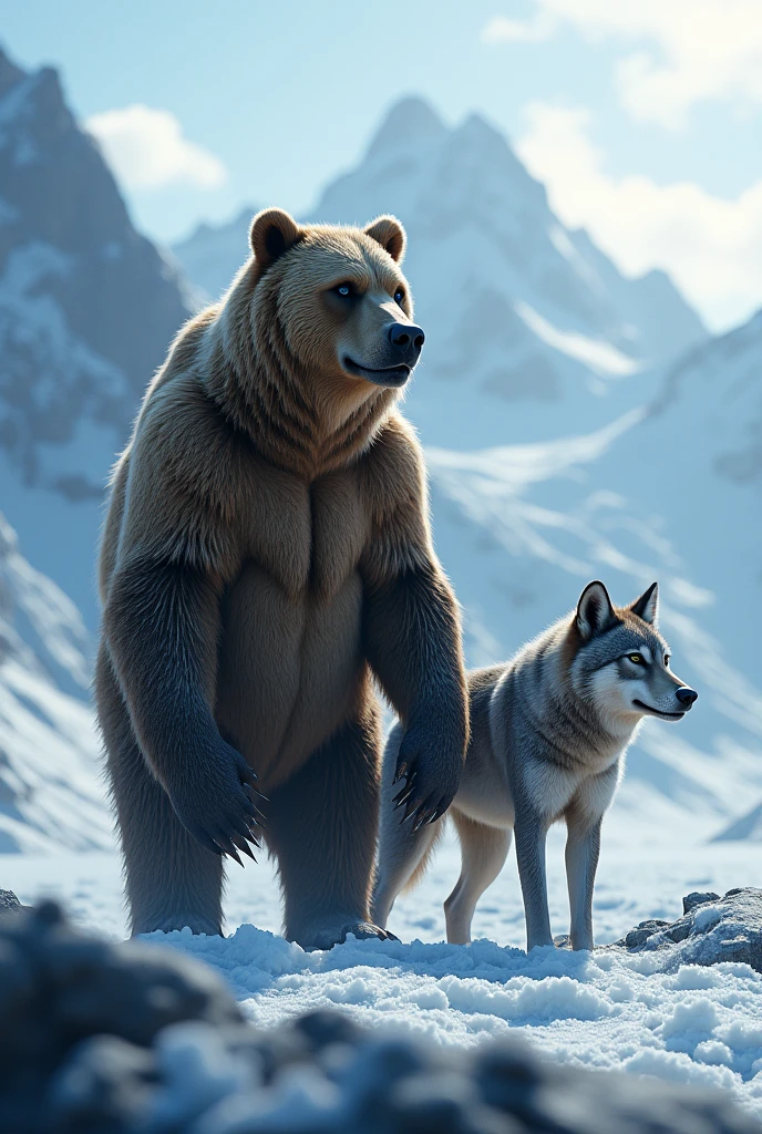 Realistic bear and wolf), majestic animals, fierce expressions, united in harmony, an empty desert landscape, golden sand dunes, sun setting on horizon, warm hues of orange and yellow, soft shadows, serene atmosphere, ultra-detailed fur textures, captivating eyes, high quality, vivid imagery, cinematic clarity, highlighting the beauty of nature.