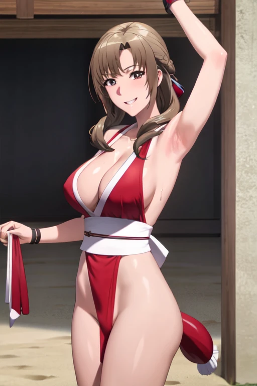 masterpiece, best quality, beautiful art, high resolution, well formed hands, body and fingers, 1 woman, solo, Mamako Oosuki, 31 years old, cosplaying as Mai Shiranui , mai_shiranui_cosplay, adult, red sexy Japanese clothes, large and big breasted, cleavage, full body picture, hair ribbon, pelvic curtain, holding fans on her hands, gorgeous and bare legs and, thighs, sexy Japanese clothes, hair ornament , sexy and bare legs , hips and thighs, dancing seductively and erotically, exuding sensuality and allure, turning backwards and forwards, showing her back and front, shaking her body alluringly, red t back thong, smiling joyfully, sweating ,looking at the viewer, bouncing breasts, sweating, flirting, biting her lips, beach environment dancing seductively and erotically, exuding sensuality and allure, turning backwards and forwards, showing her back and front, shaking her body alluringly, red t back thong, smiling joyfully, sweating ,looking at the viewer, bouncing breasts, sweating, flirting, biting her lips, beach environment  shiranui mai \(*******\)