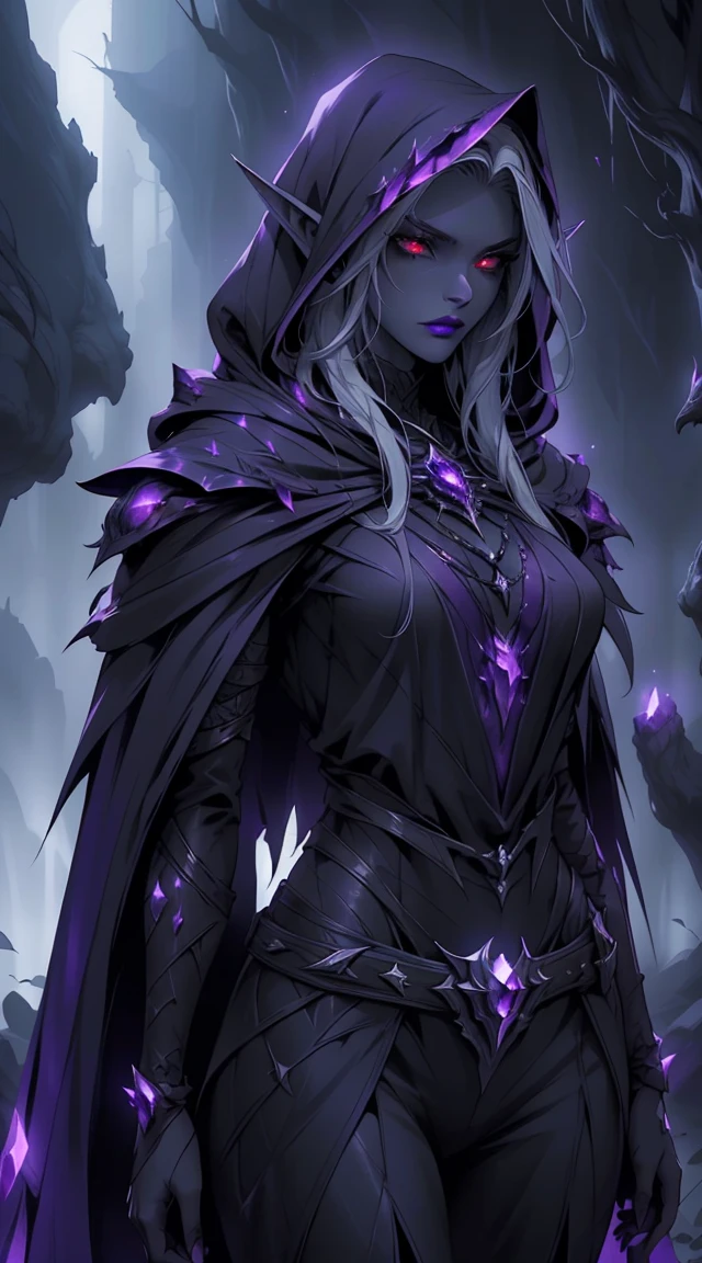 Drow, female, pointed ears, long hair, wearing a hooded cape and a belt, gray skin, red eyes, and a mysterious expression while looking at the spectator. Her outfit is a dark, intricately detailed costume with purple tones, evoking elegance and danger. The background is an underground cavern with glowing purple crystals and deep shadows, creating a mystical and ominous atmosphere. Bright glowing eyes, fine lipstick details, and a focus on perfect anatomy create a striking image. Rendered in the highest quality, inspired by art trends on ArtStation and Greg Rutkowski's style, featuring ultra-detailed textures and a moody, fantastical vibe.