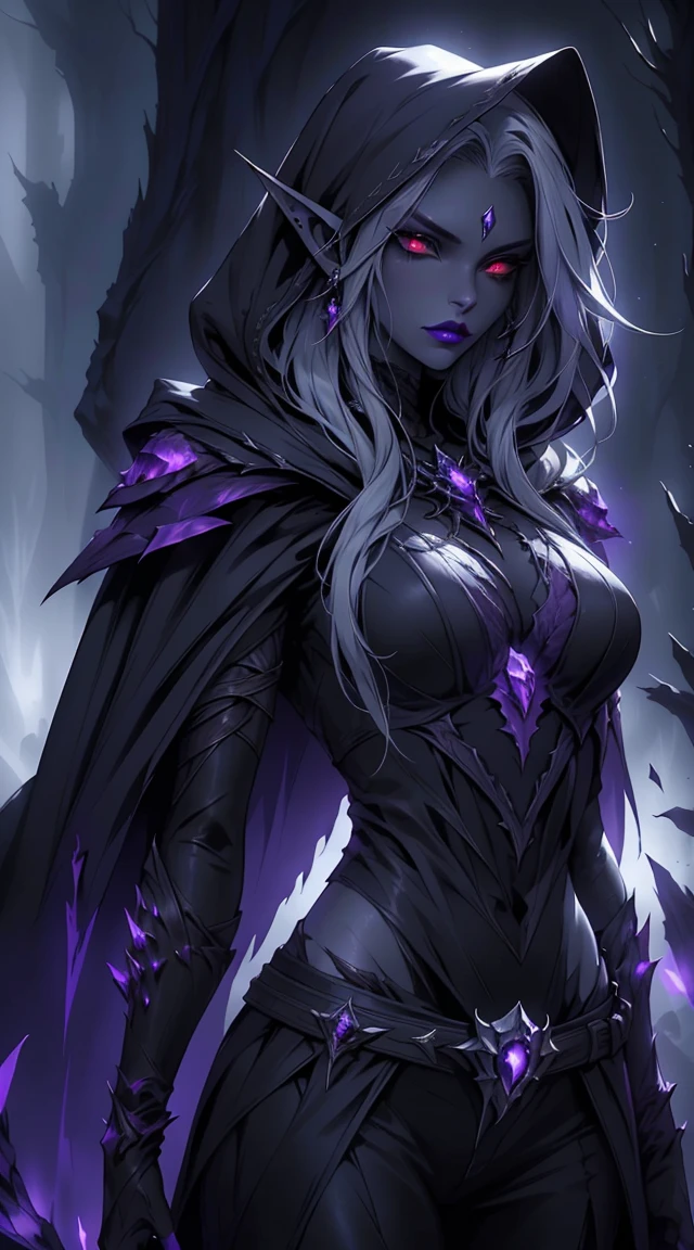 Drow, female, pointed ears, long hair, wearing a hooded cape and a belt, gray skin, red eyes, and a mysterious expression while looking at the spectator. Her outfit is a dark, intricately detailed costume with purple tones, evoking elegance and danger. The background is an underground cavern with glowing purple crystals and deep shadows, creating a mystical and ominous atmosphere. Bright glowing eyes, fine lipstick details, and a focus on perfect anatomy create a striking image. Rendered in the highest quality, inspired by art trends on ArtStation and Greg Rutkowski's style, featuring ultra-detailed textures and a moody, fantastical vibe.