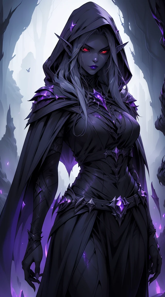 Drow, female, pointed ears, long hair, wearing a hooded cape and a belt, gray skin, red eyes, and a mysterious expression while looking at the spectator. Her outfit is a dark, intricately detailed costume with purple tones, evoking elegance and danger. The background is an underground cavern with glowing purple crystals and deep shadows, creating a mystical and ominous atmosphere. Bright glowing eyes, fine lipstick details, and a focus on perfect anatomy create a striking image. Rendered in the highest quality, inspired by art trends on ArtStation and Greg Rutkowski's style, featuring ultra-detailed textures and a moody, fantastical vibe.