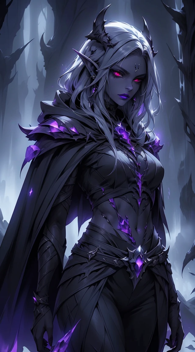 Drow, female, pointed ears, long hair, wearing a hooded cape and a belt, gray skin, red eyes, and a mysterious expression while looking at the spectator. Her outfit is a dark, intricately detailed costume with purple tones, evoking elegance and danger. The background is an underground cavern with glowing purple crystals and deep shadows, creating a mystical and ominous atmosphere. Bright glowing eyes, fine lipstick details, and a focus on perfect anatomy create a striking image. Rendered in the highest quality, inspired by art trends on ArtStation and Greg Rutkowski's style, featuring ultra-detailed textures and a moody, fantastical vibe.