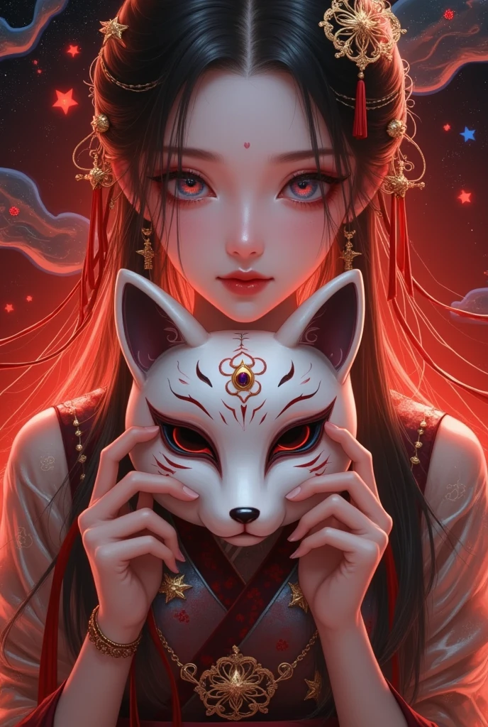 1girl,blood,blue eyes,blush,brown hair,chinese clothes,eyelashes,fingernails,fox mask,holding mask,jewelry,lips,long hair,long sleeves,looking at viewer,makeup,mask,mask on head,mask removed,red background,ribbon,shirt,solo,star \(symbol\),star hair ornament,star print,starry background,string,string of fate,tassel,untied,upper body