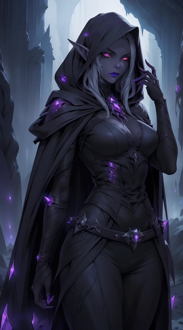 Drow, female, pointed ears, long hair, wearing a hooded cape and a belt, gray skin, red eyes, and a mysterious expression while looking at the spectator. Her outfit is a dark, intricately detailed costume with purple tones, evoking elegance and danger. The background is an underground cavern with glowing purple crystals and deep shadows, creating a mystical and ominous atmosphere. Bright glowing eyes, fine lipstick details, and a focus on perfect anatomy create a striking image. Rendered in the highest quality, inspired by art trends on ArtStation and Greg Rutkowski's style, featuring ultra-detailed textures and a moody, fantastical vibe.