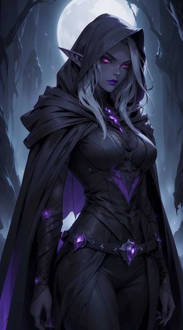 Drow, female, pointed ears, long hair, wearing a hooded cape and a belt, gray skin, red eyes, and a mysterious expression while looking at the spectator. Her outfit is a dark, intricately detailed costume with purple tones, evoking elegance and danger. The background is an underground cavern with glowing purple crystals and deep shadows, creating a mystical and ominous atmosphere. Bright glowing eyes, fine lipstick details, and a focus on perfect anatomy create a striking image. Rendered in the highest quality, inspired by art trends on ArtStation and Greg Rutkowski's style, featuring ultra-detailed textures and a moody, fantastical vibe.