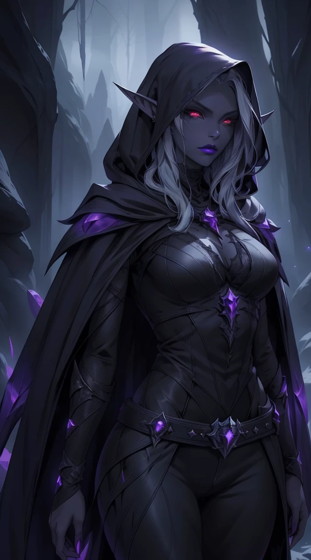 Drow, female, pointed ears, long hair, wearing a hooded cape and a belt, gray skin, red eyes, and a mysterious expression while looking at the spectator. Her outfit is a dark, intricately detailed costume with purple tones, evoking elegance and danger. The background is an underground cavern with glowing purple crystals and deep shadows, creating a mystical and ominous atmosphere. Bright glowing eyes, fine lipstick details, and a focus on perfect anatomy create a striking image. Rendered in the highest quality, inspired by art trends on ArtStation and Greg Rutkowski's style, featuring ultra-detailed textures and a moody, fantastical vibe.