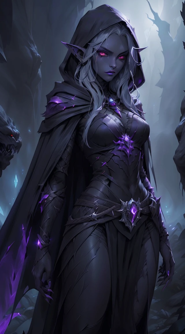 Drow, female, pointed ears, long hair, wearing a hooded cape and a belt, gray skin, red eyes, and a mysterious expression while looking at the spectator. Her outfit is a dark, intricately detailed costume with purple tones, evoking elegance and danger. The background is an underground cavern with glowing purple crystals and deep shadows, creating a mystical and ominous atmosphere. Bright glowing eyes, fine lipstick details, and a focus on perfect anatomy create a striking image. Rendered in the highest quality, inspired by art trends on ArtStation and Greg Rutkowski's style, featuring ultra-detailed textures and a moody, fantastical vibe.