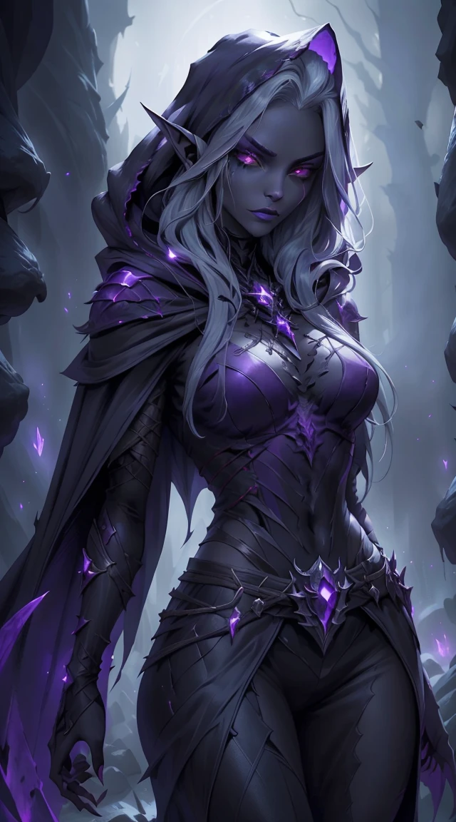 Drow, female, pointed ears, long hair, wearing a hooded cape and a belt, gray skin, red eyes, and a mysterious expression while looking at the spectator. Her outfit is a dark, intricately detailed costume with purple tones, evoking elegance and danger. The background is an underground cavern with glowing purple crystals and deep shadows, creating a mystical and ominous atmosphere. Bright glowing eyes, fine lipstick details, and a focus on perfect anatomy create a striking image. Rendered in the highest quality, inspired by art trends on ArtStation and Greg Rutkowski's style, featuring ultra-detailed textures and a moody, fantastical vibe.