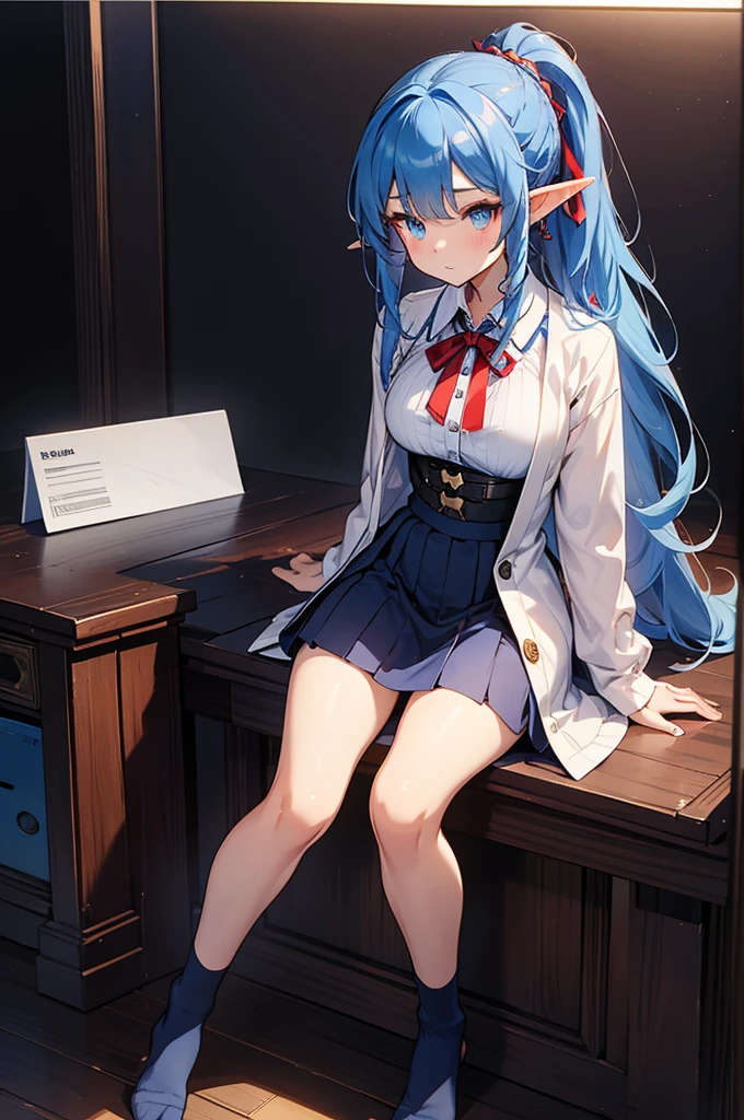 woman with blue hair, ((elf ears)), slight smile, slight blush, long hair, (extremely detailed face and clothing), full body, (looking into camera), (realistic camera angle), fantasy, in school, (sitting on school desk), blue and white schoolgirl uniform, miniskirt, (((masterpiece))), (((ultra high quality, 8k)))