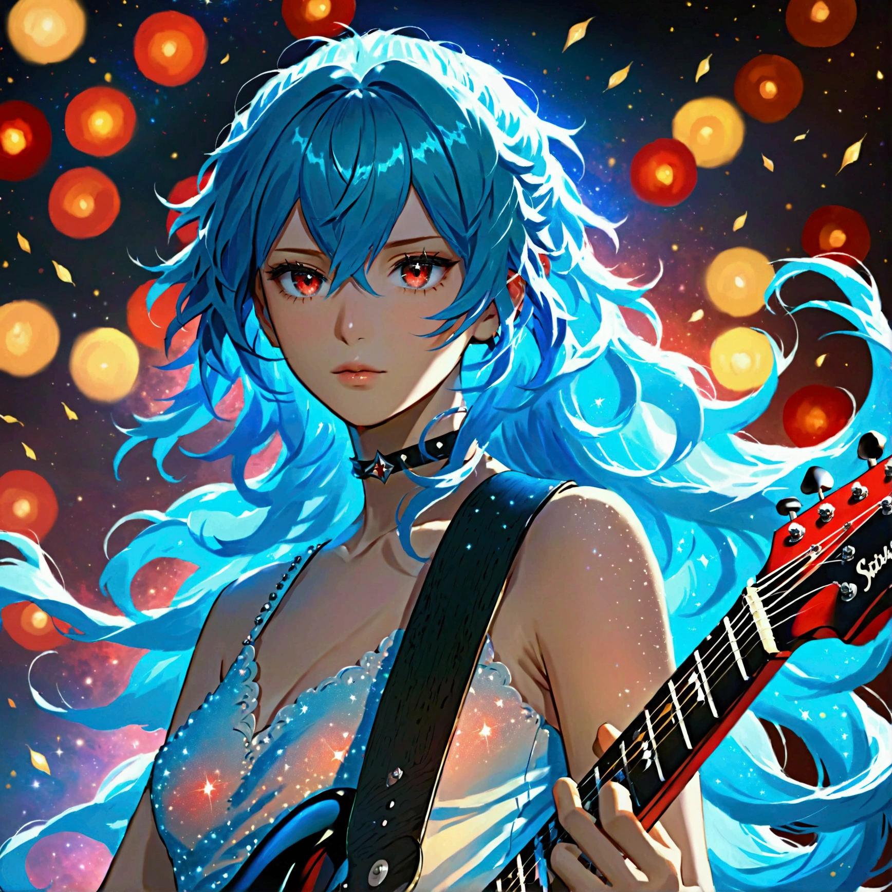  Live Performance, alone, Guitar,  high definition ,  best quality,  textured skin, Stratocaster , hair that flutters like, Blue Hair/Light blue hair, Red eyes,  eyes sparkle, 