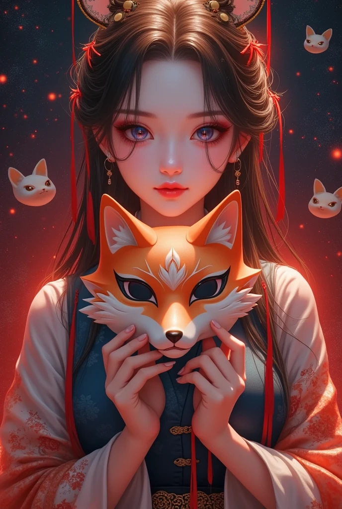 1girl,blood,blue eyes,blush,brown hair,chinese clothes,eyelashes,fingernails,fox mask,holding mask,jewelry,lips,long hair,long sleeves,looking at viewer,makeup,mask,mask on head,mask removed,red background,ribbon,shirt,solo,star \(symbol\),star hair ornament,star print,starry background,string,string of fate,tassel,untied,upper body