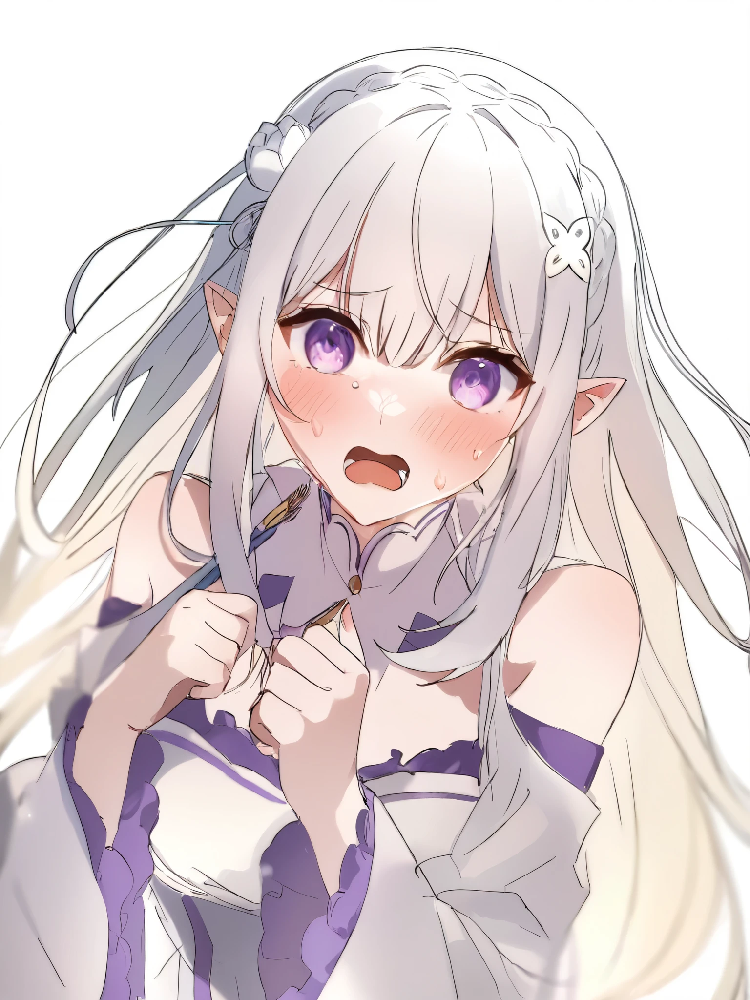 anime girl with long white hair and purple eyes holding a toothbrush, ahegao, anime visual of a cute girl, ayaka genshin impact, white haired deity, anime moe artstyle, ahegao face, cute anime waifu in a nice dress, with index finger, by Shitao, loli in dress, cute anime girl, 