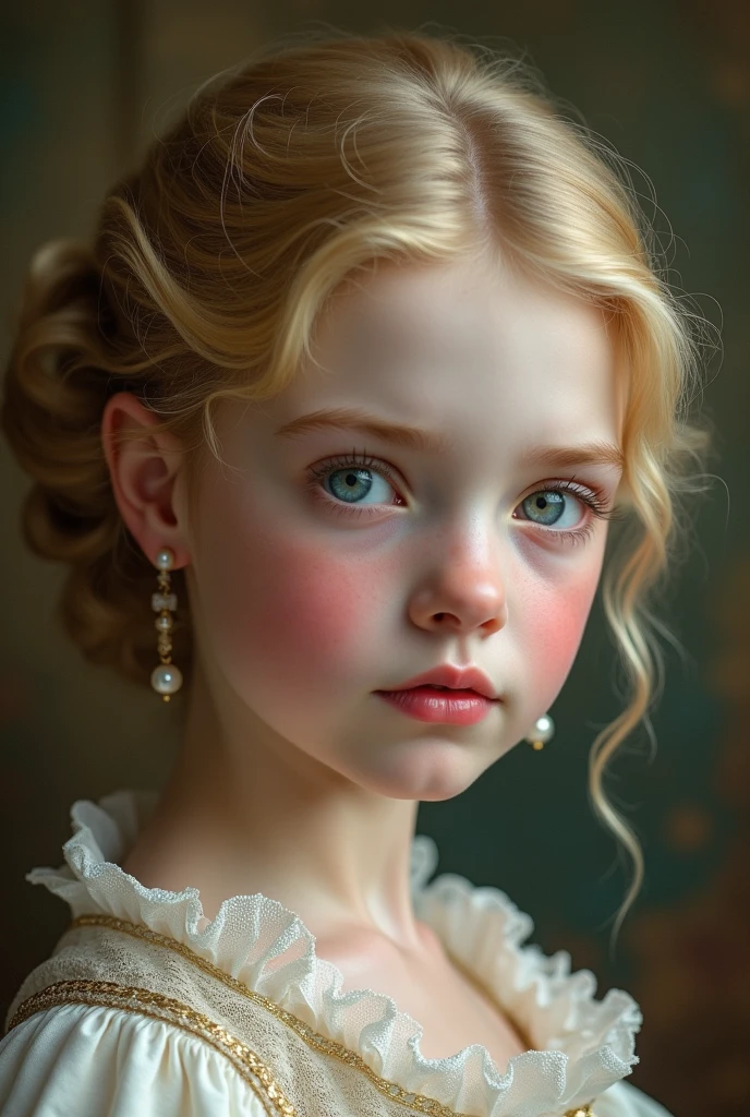 A victorian portrait of -yeld tewith blond wavy hair and blue eyes wearing a blue nightgown from the 1890's. Only her face