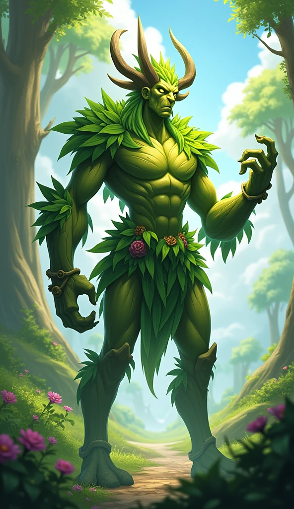 Ivern, league of legends, tree man, hair made of leaves, whole body,