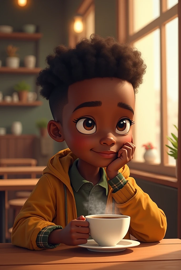 Brown skin 7 year old with curly hair to his neck smiling in a kitchen 