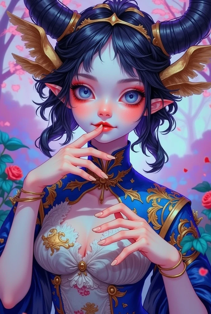 by alex paul han, in the style of colorful fantasy, kawacy, denis sarazhin, light purple and azure, chen zhen, exaggerated nobility, close up