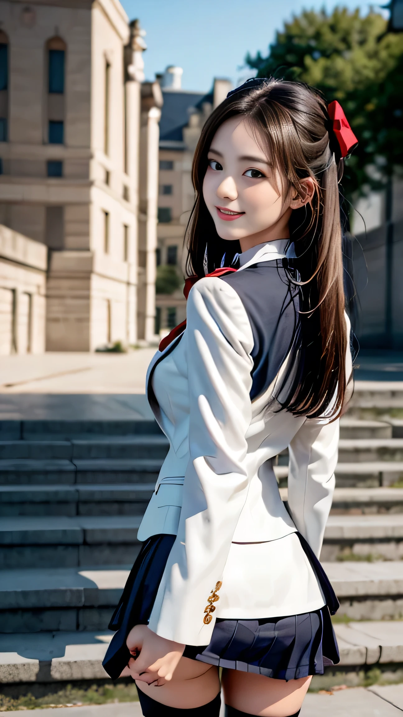 (Girl Standing On School Steps)，charming eyes，heartwarming action，turn away from the camera，(Rear view)、(look back)，turn back，look up your head，thick long black hair，highly detailed body，highly detailed face，best quality、(P私NK Underwear),(high school girl),((white blazer、chest emblem))、(white blouse),((red bow tie)),((navy check flared skirt)),(black stockings)、(smile)