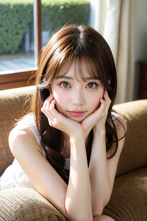 40 years old、 casual、sofa、Beautiful eyes、 natural light
