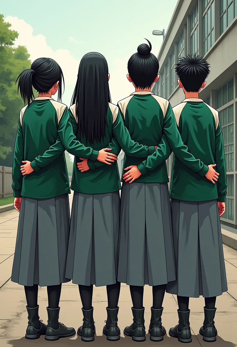 "Four high school students wearing SMK safety wearpack uniforms, backs facing the viewer, standing side by side with arms around each other's shoulders. The girls are wearing long gray skirts (rok abu-abu) that cover their legs to their shoes, and the boys are in gray pants. The girls' safety wearpacks are long-sleeved, with white on the shoulders, upper back, and collar areas, and green for the rest of the outfit, with black line accents. Each girl is wearing a long headscarf (kerudung), and the illustration is in football ultras hooligan-style vector art, with bold lines, gritty textures, and a rebellious atmosphere, set against a schoolyard background."